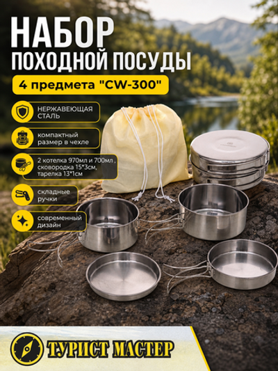 Набор посуды походной (2котелка 970мл и 700мл , сковородка 15*3см, тарелка 13*1см) CW-300