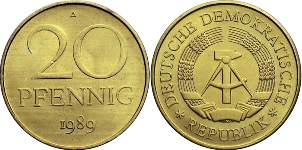 Германия - ГДР 20 пфеннигов, 1989 Герб UNC