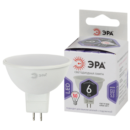 Лампа светодиодная ЭРА STD LED MR16-6W-860-GU5.3 6Вт софит холодный белый свет GU5.3
