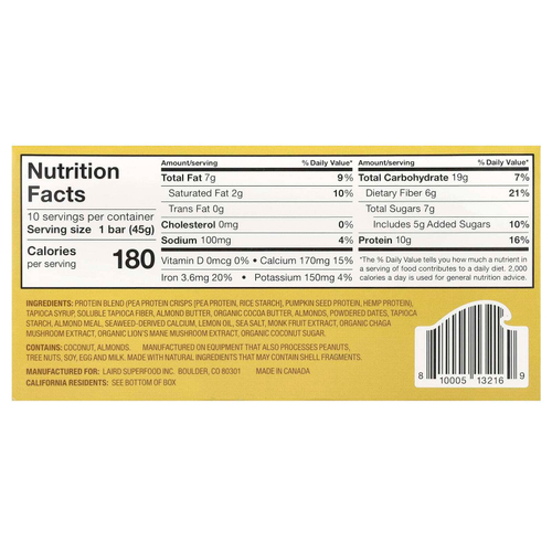 Laird Superfood, Протеиновый батончик + адаптогены, лимон и миндаль, 10 пакетиков по 45 г (1,6 унции)