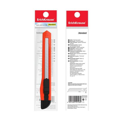 Нож канцелярский 9 мм, Erich Krause STANDARD, с системой фиксации лезвия push-lock и насадкой для безопасного отделения сегмента лезвия, МИКС