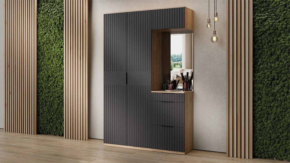 Прихожая с зеркалом комплект мебели Дуб Крафт золотой/Графит матовый/зеркало 145х43х226 см