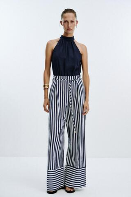 ZARA ДЛИННЫЙ КОМБИНЕЗОН ИЗ ЛЬНА, СИНИЙ/БЕЛЫЙ