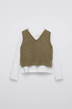 ZARA ТРИКОТАЖНЫЙ ТОП С КОНТРАСТНЫМИ РУКАВАМИ, ЗЕЛЕНЫЙ С МЕЛАНЖЕВЫМ ЭФФЕКТОМ