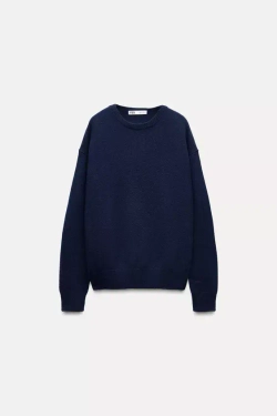 ZARA ОДНОТОННЫЙ СВИТЕР ИЗ 100% КАШЕМИРА, МОРСКОЙ СИНИЙ
