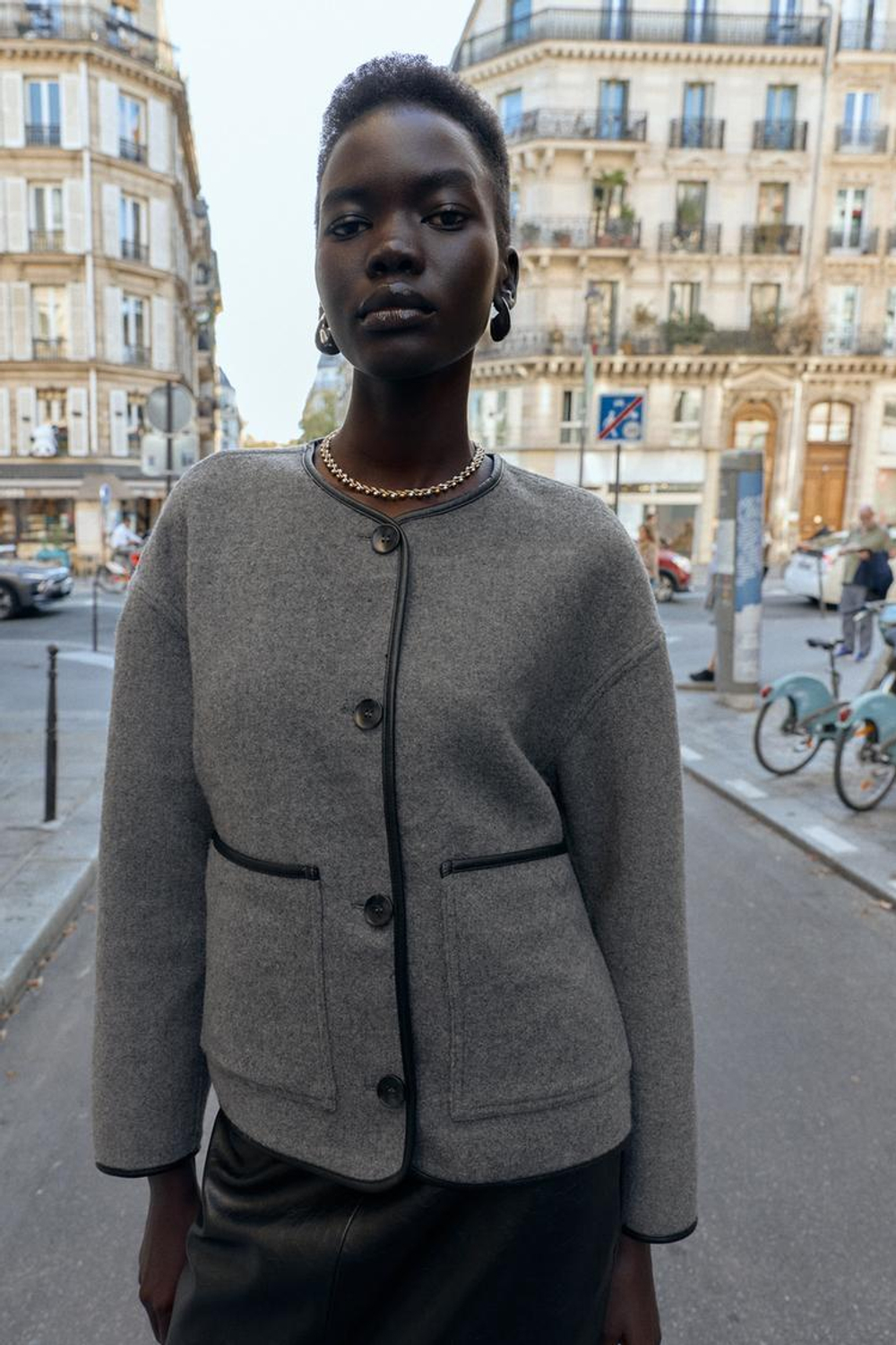 ZARA ДВУСТОРОННЯЯ КУРТКА С ОТДЕЛКОЙ ИЗ ИСКУССТВЕННОЙ КОЖИ, СЕРЫЙ