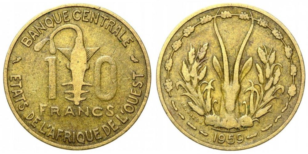 Западная Африка (ВСЕАО) 10 франков, 1959 Газель VF