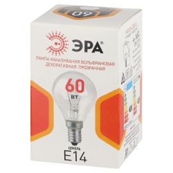 Лампа накаливания ЭРА P-60-E14-230-CL 60Вт 230В шар прозрачный цветная коробка Е14 | Лампы накаливания Шар (G/P)