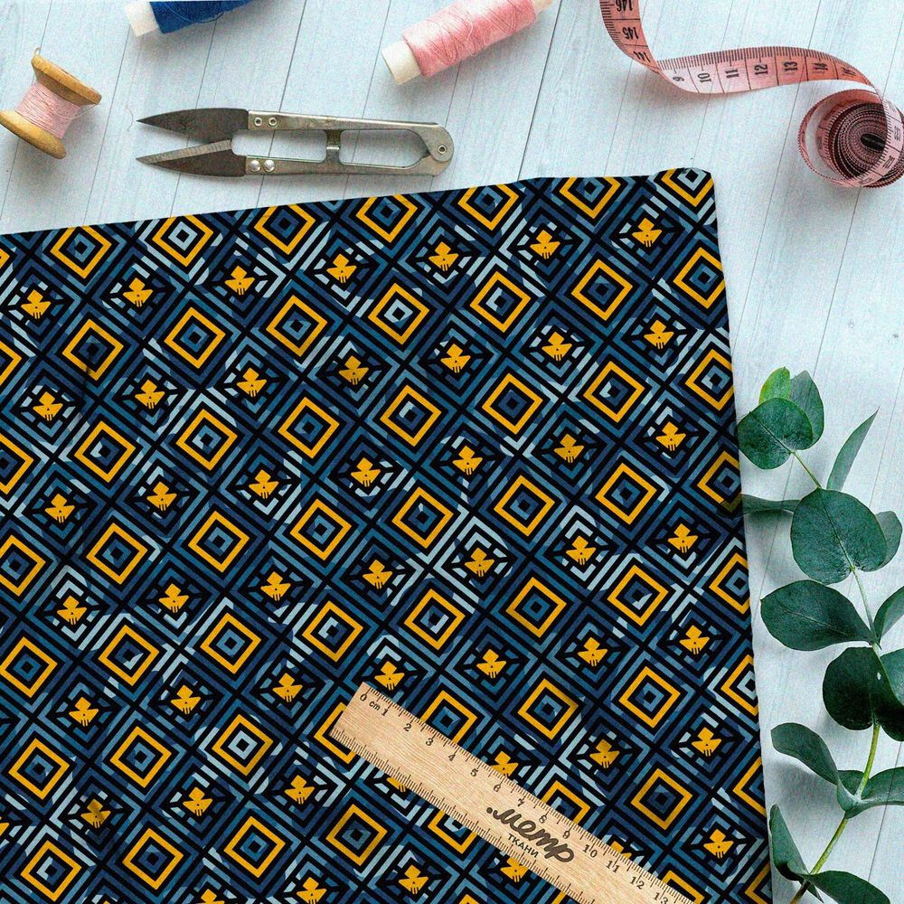 Ткань барби золотисто-синий узор из мелких квадратов