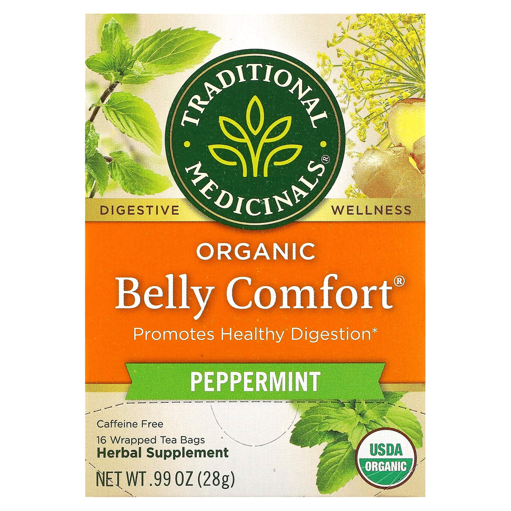 Traditional Medicinals, Organic Belly Comfort®, перечная мята, без кофеина, 16 упакованных чайных пакетиков, 28 г (0,99 унции)