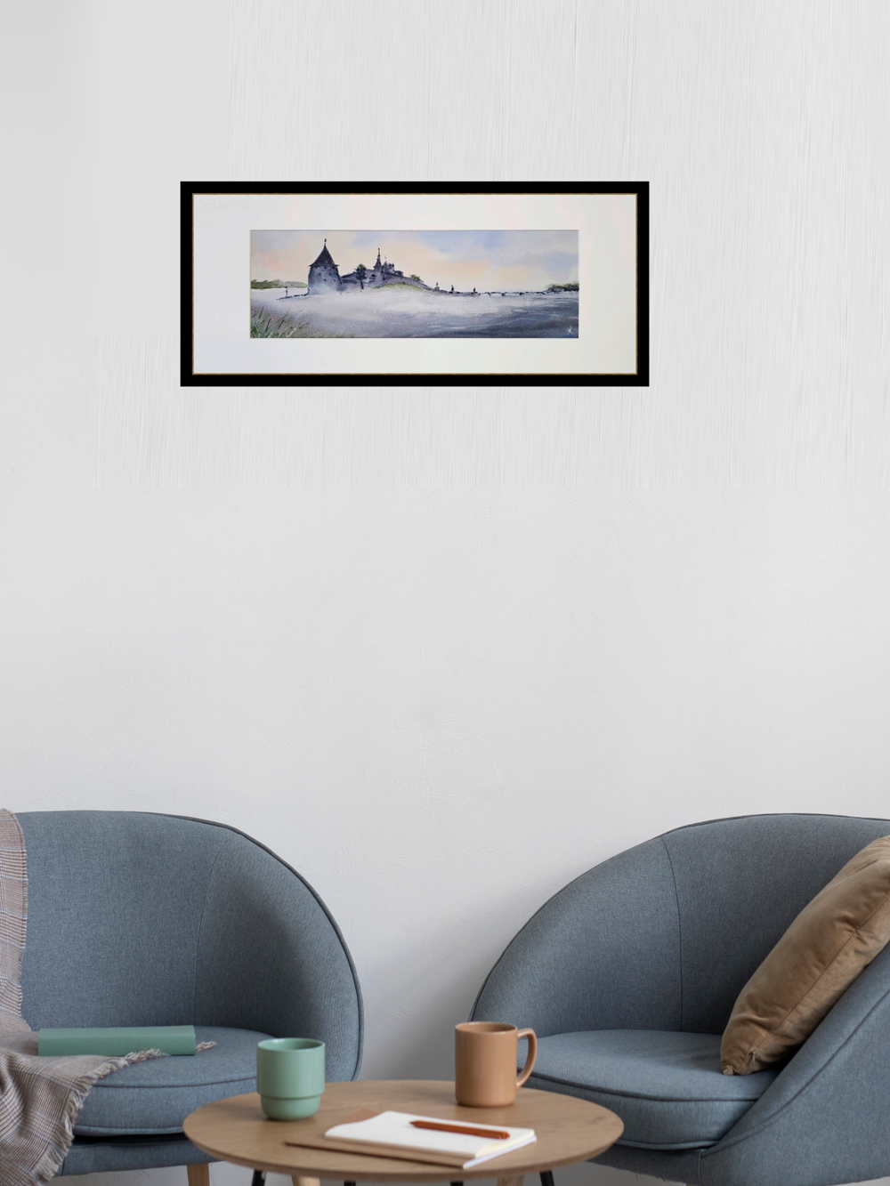 Картина авторская акварельная в паспарту 20х50 см на стену для интерьера "Туман на Великой"