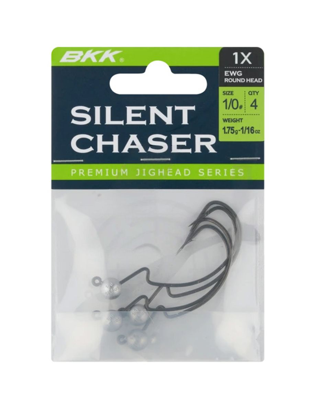 Джиг-головка для рыбалки BKK на офсетном крючке Silent Chaser - 1X - EWG Round Head, размер крючка 1/0, вес 1,75г, 4 шт.