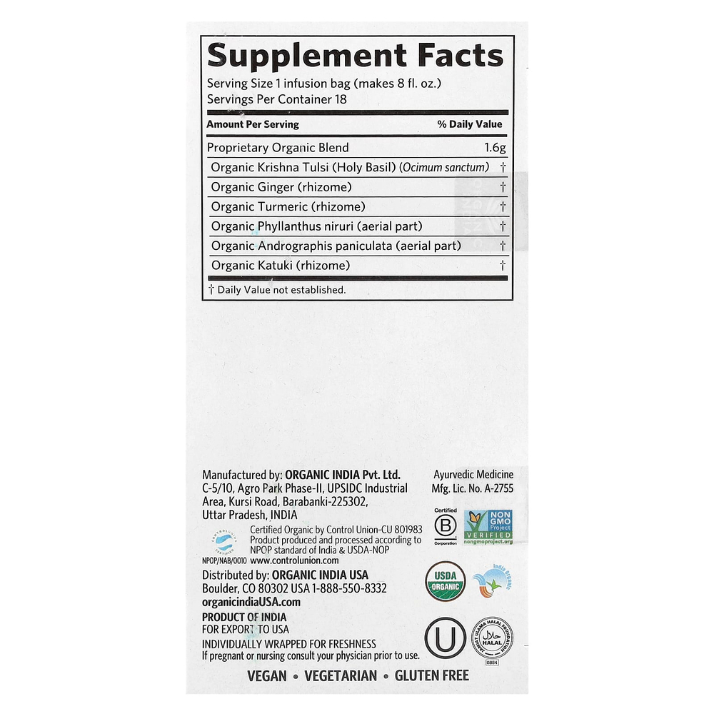 Organic India, Очищающий чай с тулси, без кофеина, 18 пакетиков, 28,8 г (1,02 унции)