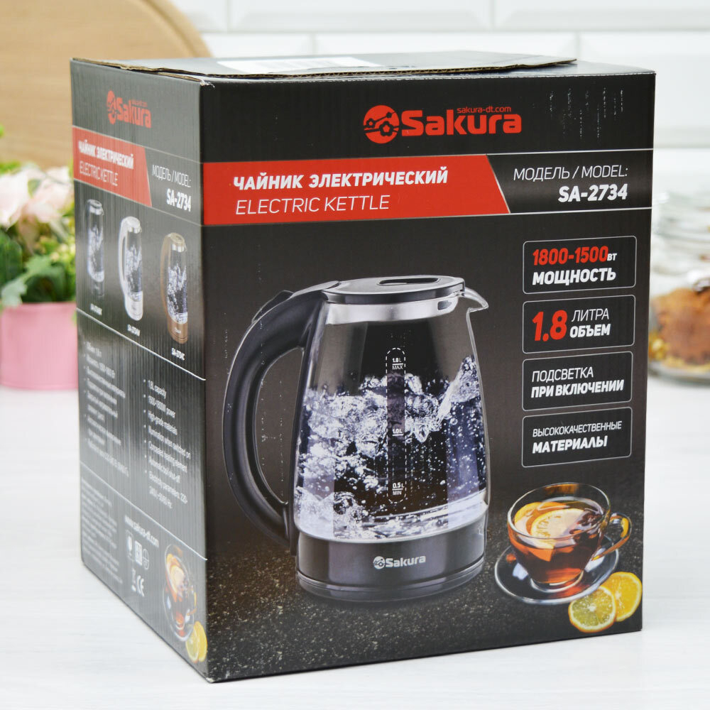 Чайник электрический 1,8л Sakura SA-2734BK стеклянный с точечной подсветкой, черный