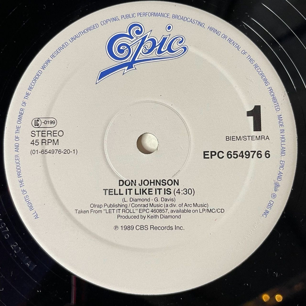 Винтажная виниловая пластинка LP Don Johnson Tell It Like It Is (Holland 1989) Maxi Single 45 RPM