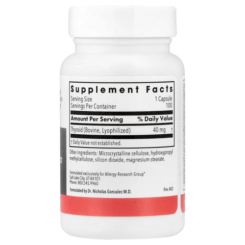 Allergy Research Group, Thyroid, натуральный железистый материал, 40 мг, 100 вегетарианских капсул