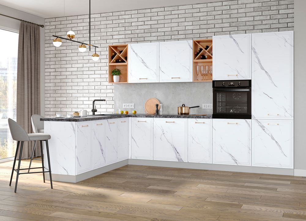 Модульный кухонный гарнитур «Риволи» 3600/1800 мм (Мрамор арктик/ Мрамор арктик), ЛДСП/МДФ, ДСВ Мебель