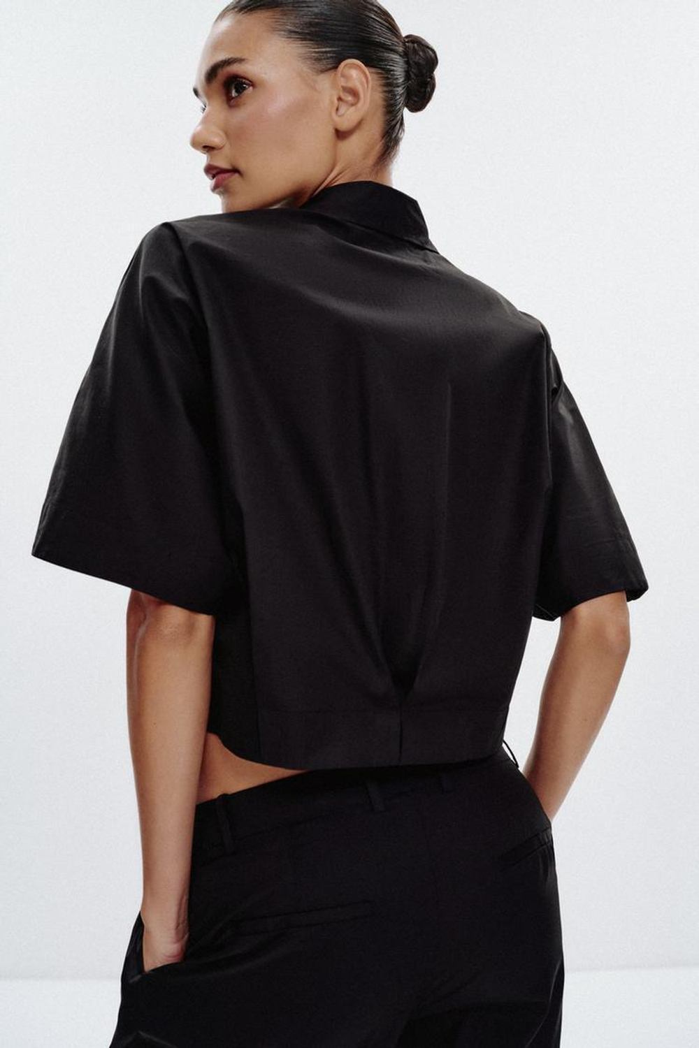 ZARA РУБАШКА ИЗ ПОПЛИНА С ШИРОКИМИ РУКАВАМИ, ЧЕРНЫЙ