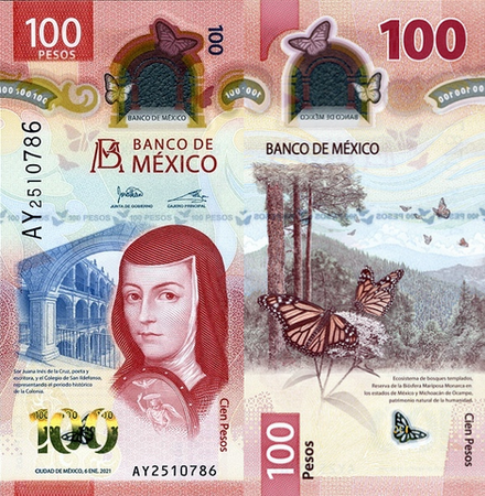 Мексика 100 песо 2020-2023 Хуана Инес де ла Крус UNC