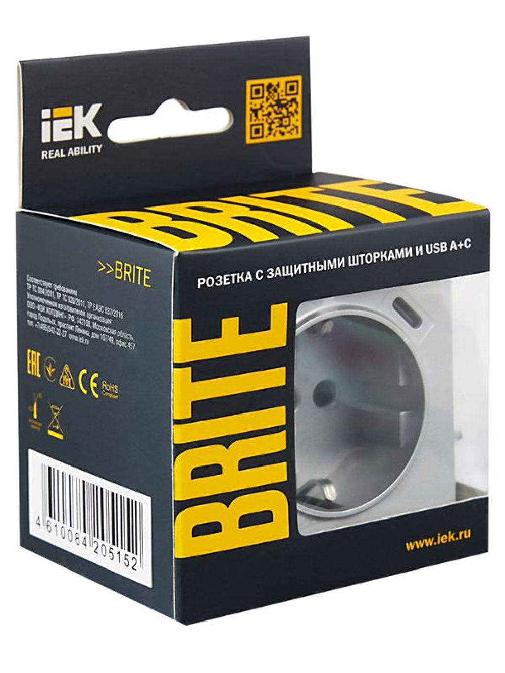Розетка BRITE РЮш11-1-БрА 16А с USB A+C 18Вт с заземл. защ. шторки механизм алюм. IEK BR-R14-16-U22-018-K47