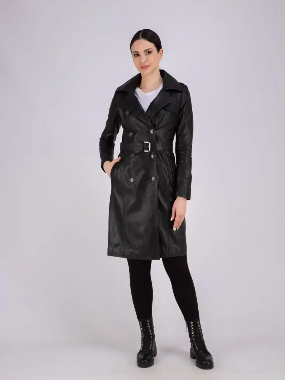 Тренч длинный кожаный с поясом плащ на весну