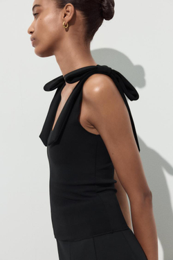 ZARA ТОП ИЗ ЭЛАСТИЧНОЙ ТАКНИ С БАНТАМИ, ЧЕРНЫЙ