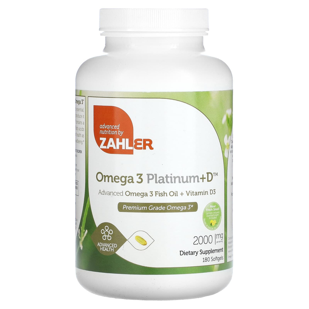 Zahler, Omega 3 Platinum+D, усовершенствованный рыбий жир с омега-3 и витамином D3, 180 мягких таблеток