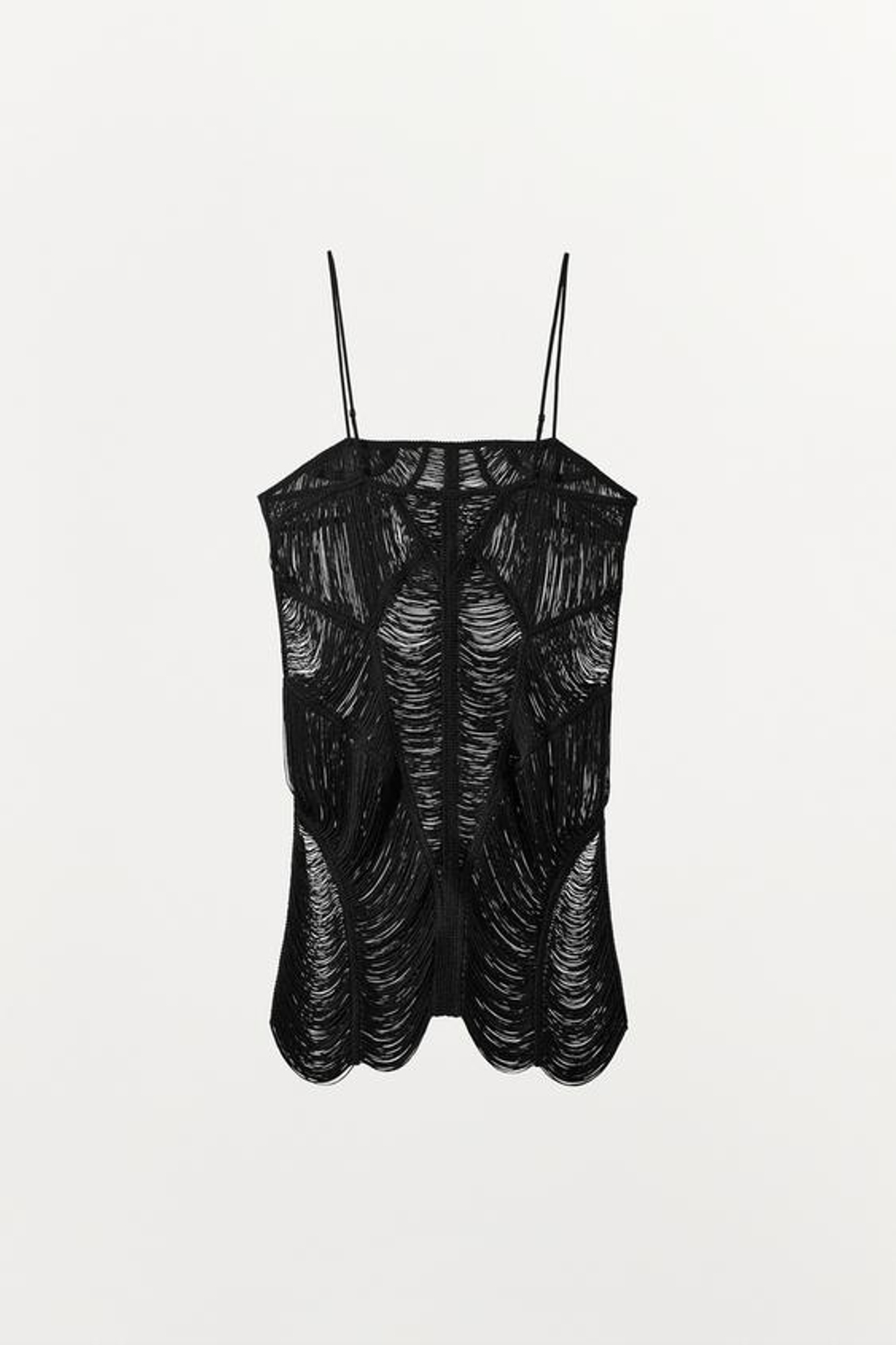 ZARA МИНИ-ПЛАТЬЕ С БАХРОМОЙ, ЧЕРНЫЙ