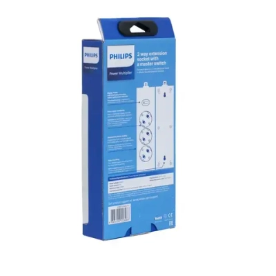 Сетевой фильтр удлинитель Philips CHP2135BA/51 с тремя стандартными розетками EU, с заземлением и защитой от перегрузок, 2 м, черный