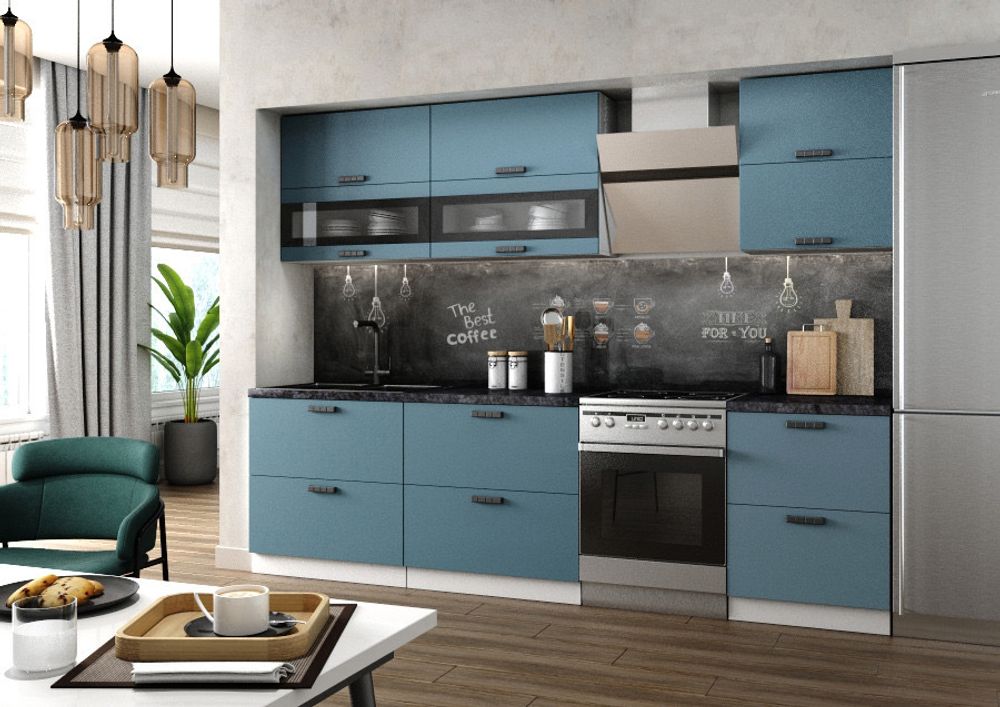 Модульный кухонный гарнитур «Ройс» 2800 (Лазурь софт), ЛДСП/МДФ, ДСВ Мебель