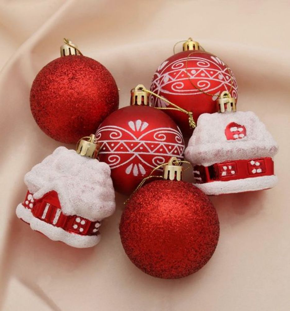 Ёлочные игрушки новогодние "Праздник", набор 6 шт, красный
