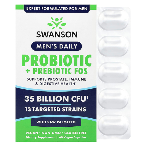 Swanson Vitamins, Для мужчин, ежедневно, пробиотики и пребиотики, ФОС и сереноа, 35 млрд КОЕ, 60 веганских капсул