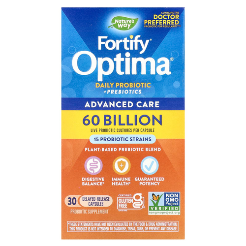Nature's Way, Fortify Optima, пробиотики и пребиотики для ежедневного приема, 60 млрд КОЕ, 30 капсул с отсроченным высвобождением