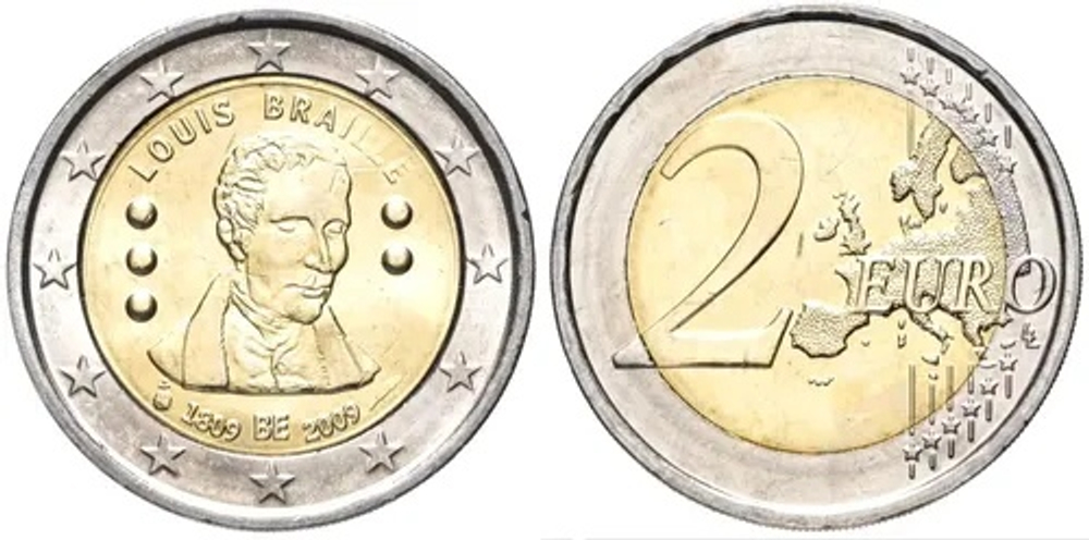 Бельгия 2 евро, 2009 Луи Брайль XF