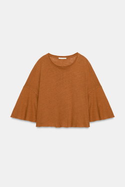 ZARA ФУТБОЛКА ИЗ ХЛОПКА И ЛЬНА, ЦВЕТ ЖЖЕНОГО АПЕЛЬСИНА