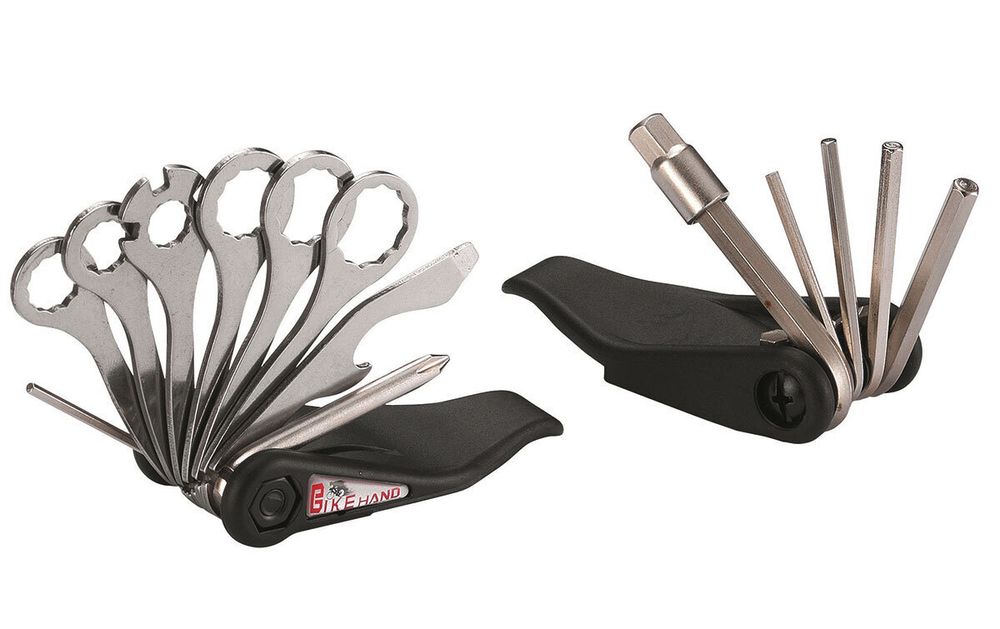 Ключи BIKE HAND складные, в наборе: шестигранные 2/2.5/3/4/5/6/8 мм+выжимка цепи+ключи для спиц+монтажки+отвертки+нож