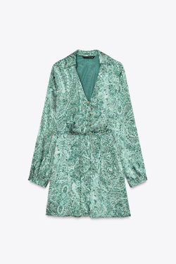 ZARA АТЛАСНОЕ МИНИ-ПЛАТЬЕ С ПРИНТОМ, РАЗНОЦВЕТНЫЙ