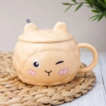 Керамическая кружка с крышкой и ложкой, розовый/голубой/желтый/персиковый, 370 мл