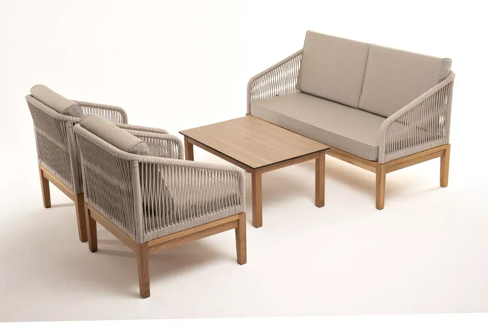 "Канны" лаунж-зона 4-местная из роупа со столиком "Канны" цвета "дуб", основание дуб, роуп бежевый