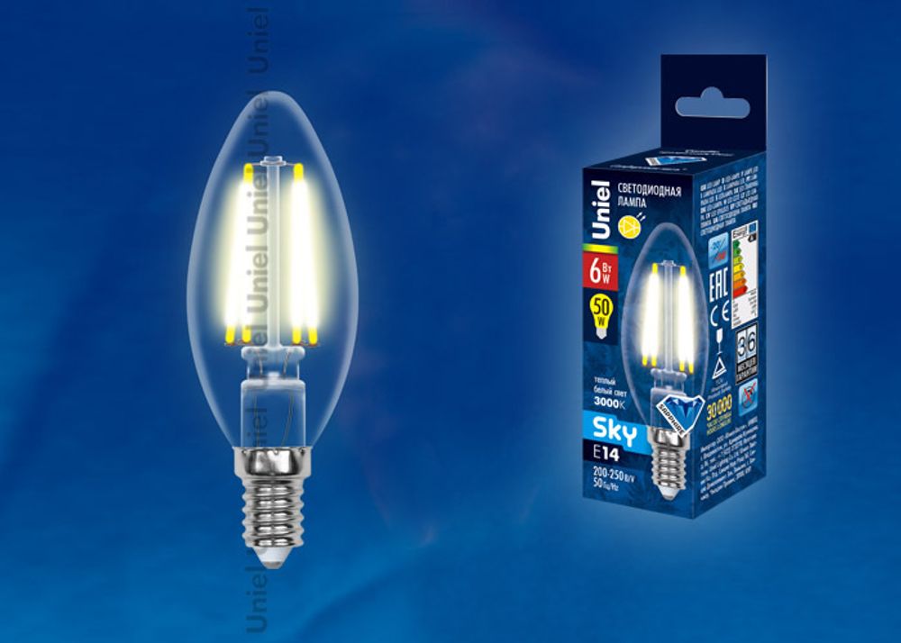 LED-C35-6W/WW/E14/CL PLS02WH Лампа светодиодная. Форма свеча, прозрачная колба. Материал корпуса пластик. Цвет свечения теплый белый. Серия Sky. Упа