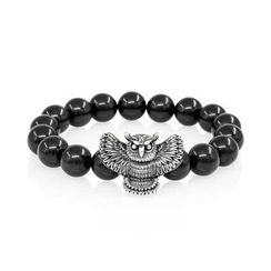 Браслет Сова большая из серебра 925 с натуральным черным кварцем 10 мм