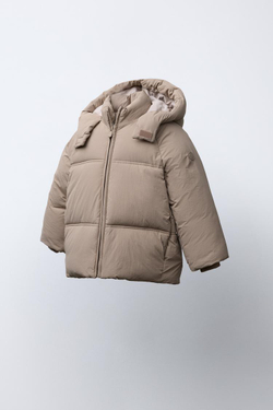 ZARA СТЕГАНАЯ КУРТКА С КАПЮШОНОМ WATER REPELLENT, БЕЖЕВЫЙ