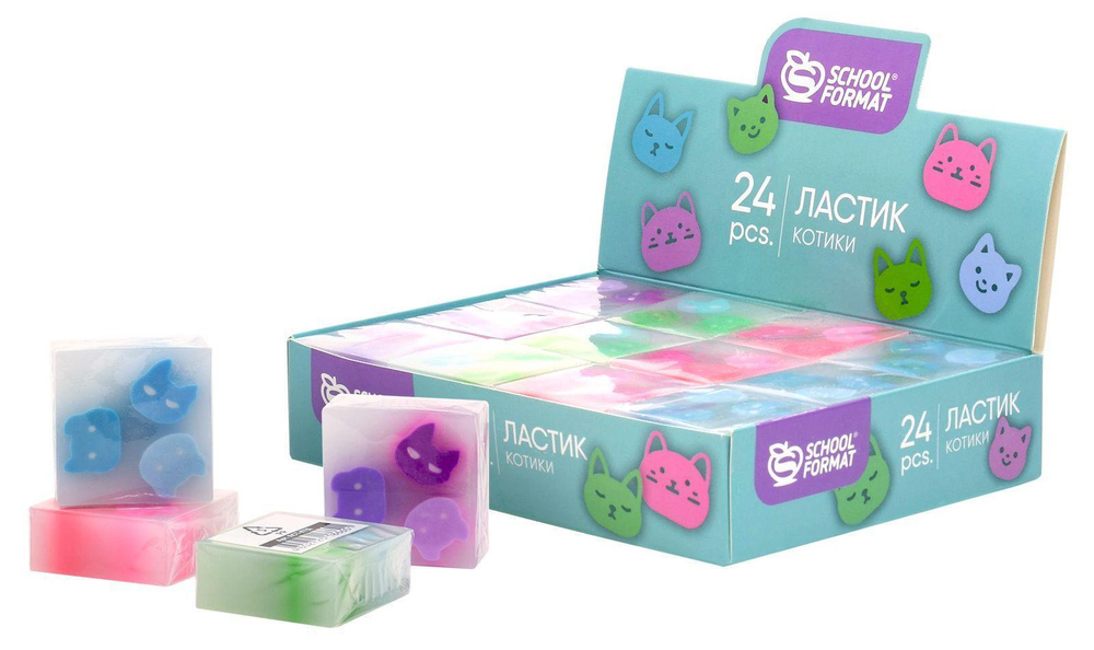 Ластик прямоуг. 34х34х14мм. "Котики" ПВХ ассорти мягкий (Schoolformat)