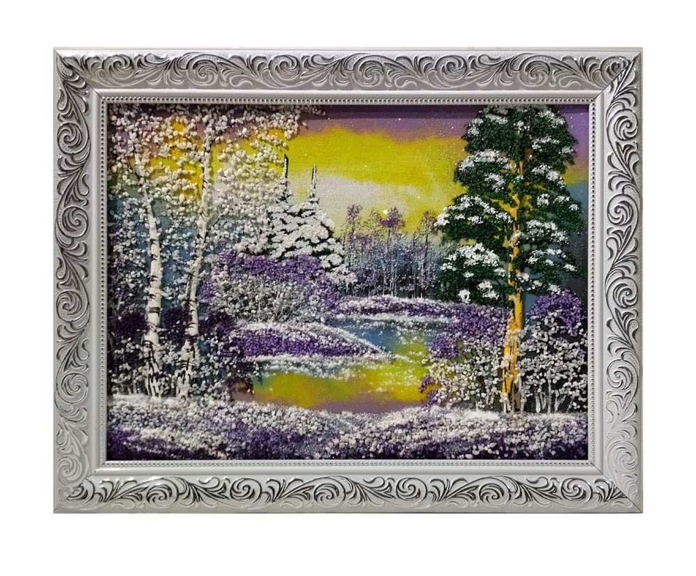 Картина №4 &quot; Зимний вечер&quot; рисованная уральскими минералами в пластиковом багете 37-47-2см