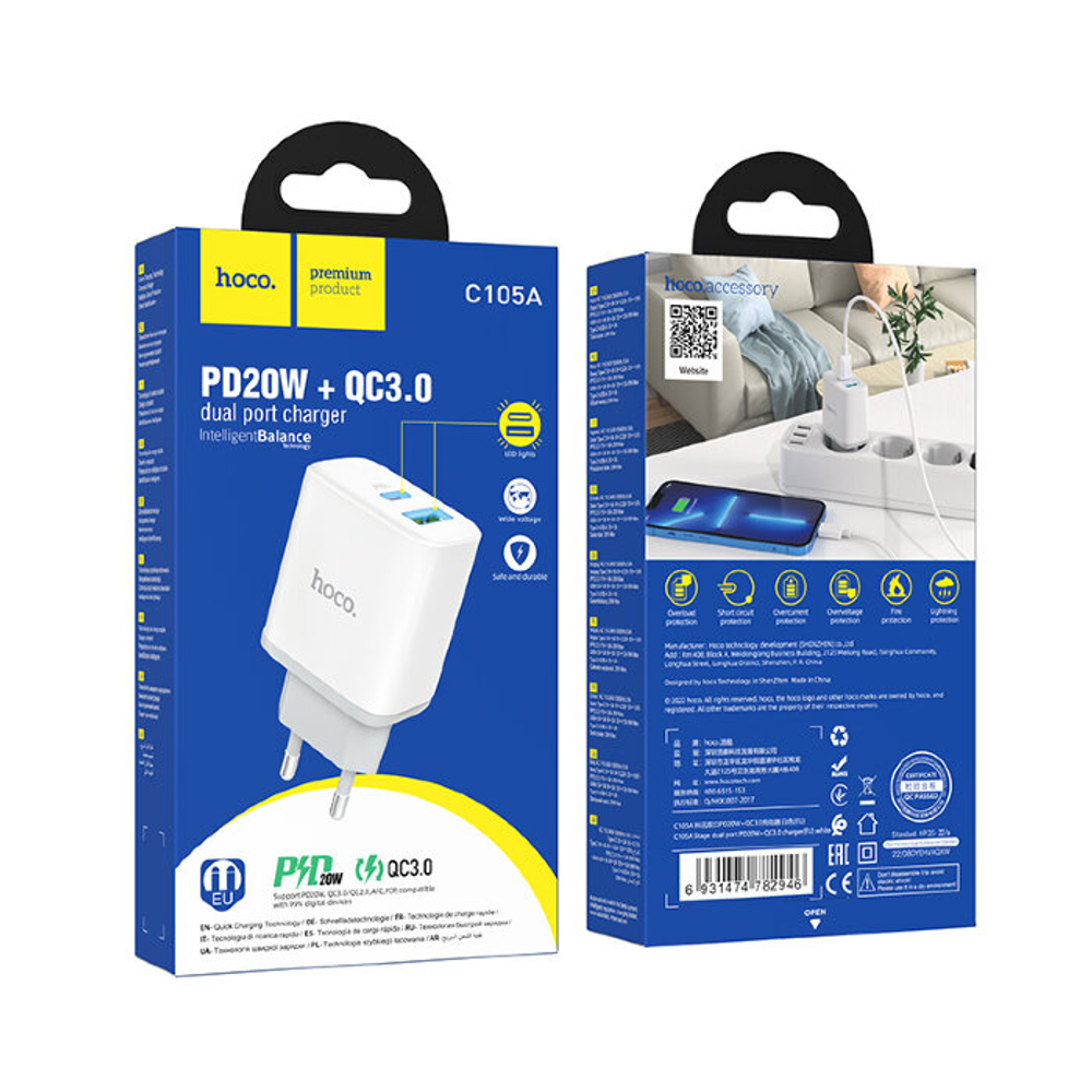 C105A Stage dual port PD20W+QC3.0 charger(EU)