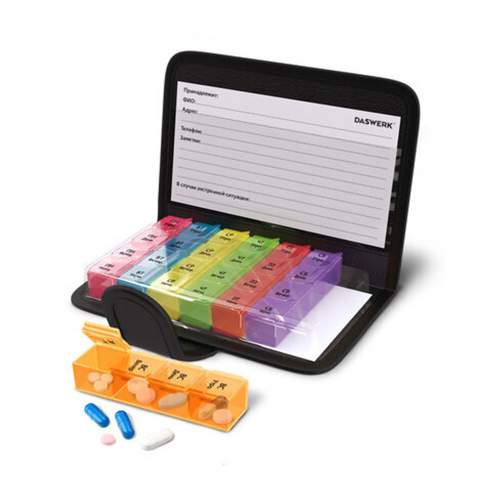 ТАБЛЕТНИЦА / Контейнер-органайзер для лекарств и витаминов, 7 дней/4 приема в чехле на кнопке, DASWERK, 630842