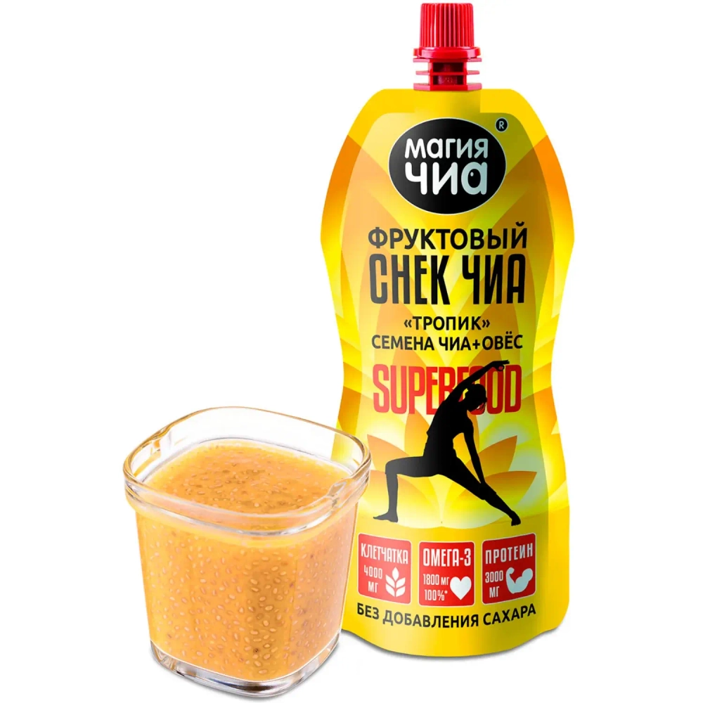 Фруктовый снек Чиа Тропик МАГИЯ ЧИА, 200 г, упаковка и стакан