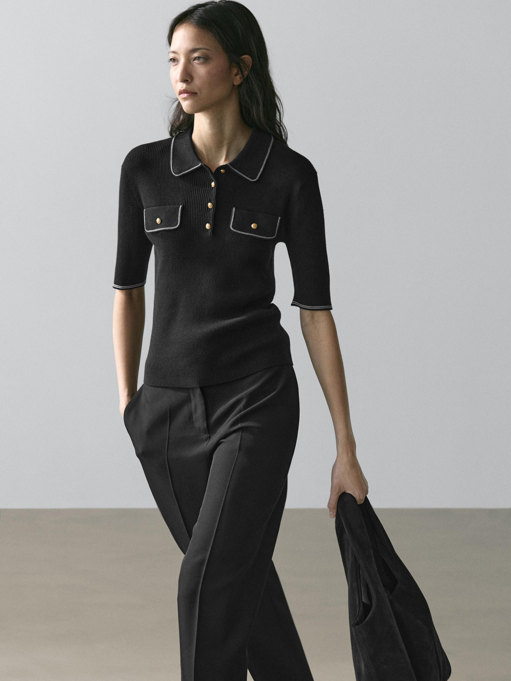 Massimo Dutti Футболка поло с короткими рукавами, черный