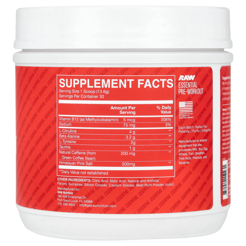 Raw Nutrition, Bum, Essential Pre-Workout, предтренировочный комплекс, фруктовый вкус, 408 г (14,39 унции)