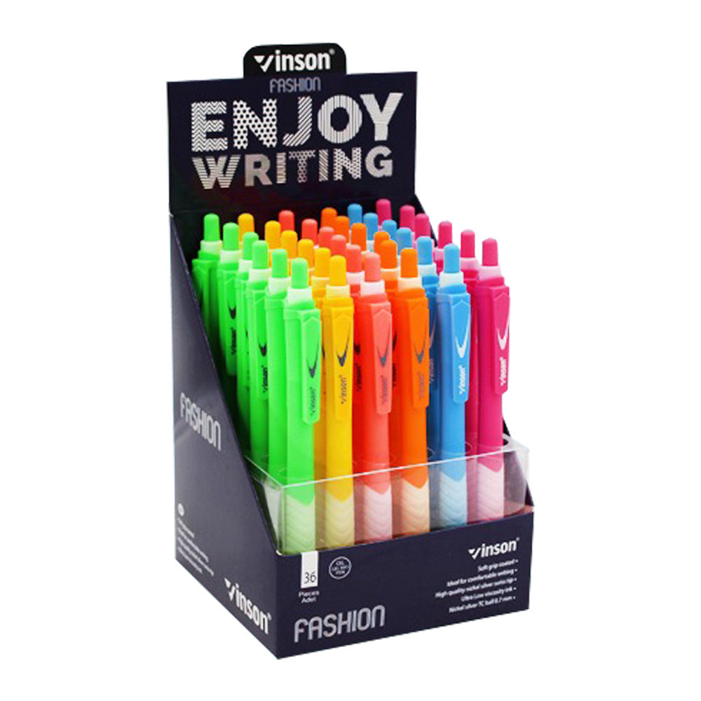 Ручка шариковая, масляная, автоматическая, Vinson, синие чернила, серия "VINSON FASHION", 6 цветов корпуса, 36 шт